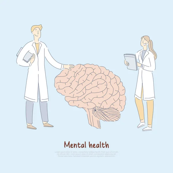 Médicos examinando cerebro humano enorme, psiquiatría, asistencia profesional, neurobiología, bandera de la psicología — Archivo Imágenes Vectoriales