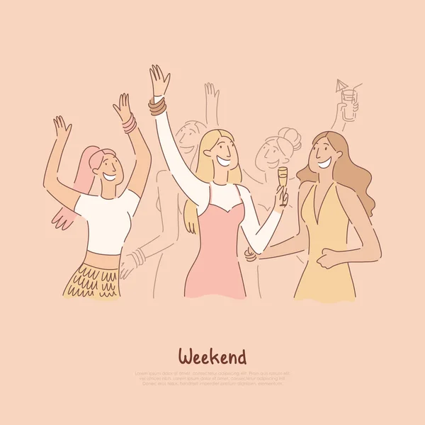 Mädchen feiern im Club, trinken alkoholische Cocktails, Freundinnen tanzen zusammen in einem Nachtclub, Banner mit Aktivitäten in der Nacht — Stockvektor