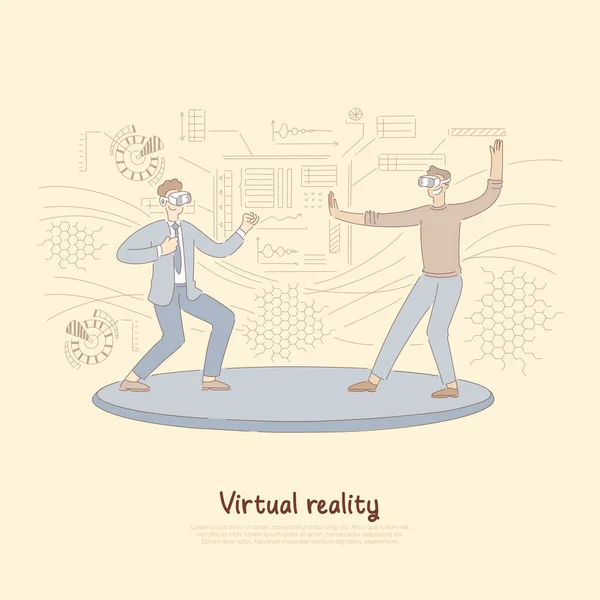 Smějící se firemní dělníci v čelních hlavičkách, v salonním prostoru, podnikatelé z futuristických brýlí, nápis virtuální reality — Stockový vektor