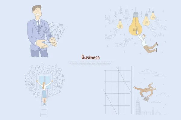 Erfolgreicher Unternehmer, der Ideen generiert, männliche und weibliche Unternehmer, die Geschäftsprojekte planen und managen Banner — Stockvektor