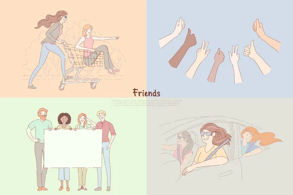 Flickvänner ha kul, händer Visa tummen upp, människor som innehar tomma plakat, flickor på Road Trip, vänskap banner — Stock vektor