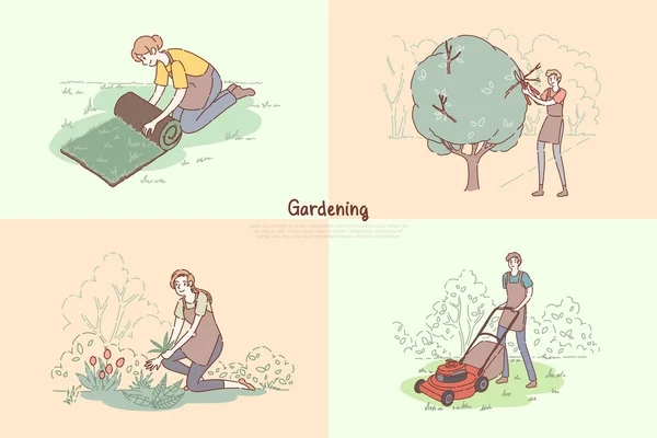 Young gardeners chores, lawn laying, trees pruning, planting flowers, grass mowing, gardening service banner — 스톡 벡터