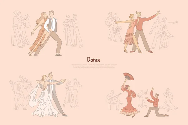 Desempenho de dançarinos de salão, casais graciosos dançando tango, rumba, foxtrot, banner de flamenco apaixonado —  Vetores de Stock