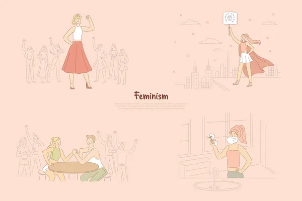 Feminismus-Aktivistinnen, die für gleiche Rechte kämpfen, Feministinnen, die für Macht und Gleichberechtigung demonstrieren, Superwoman-Heldenbanner — Stockvektor