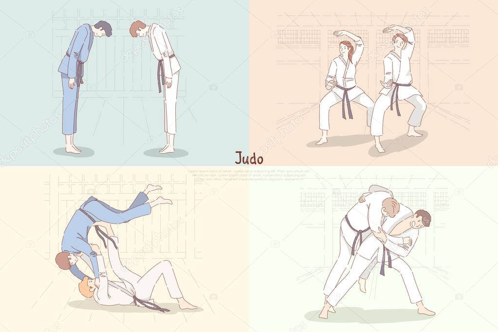 Judo training, young students in kimono bow down, practicing footboard and throw, oriental martial arts banner