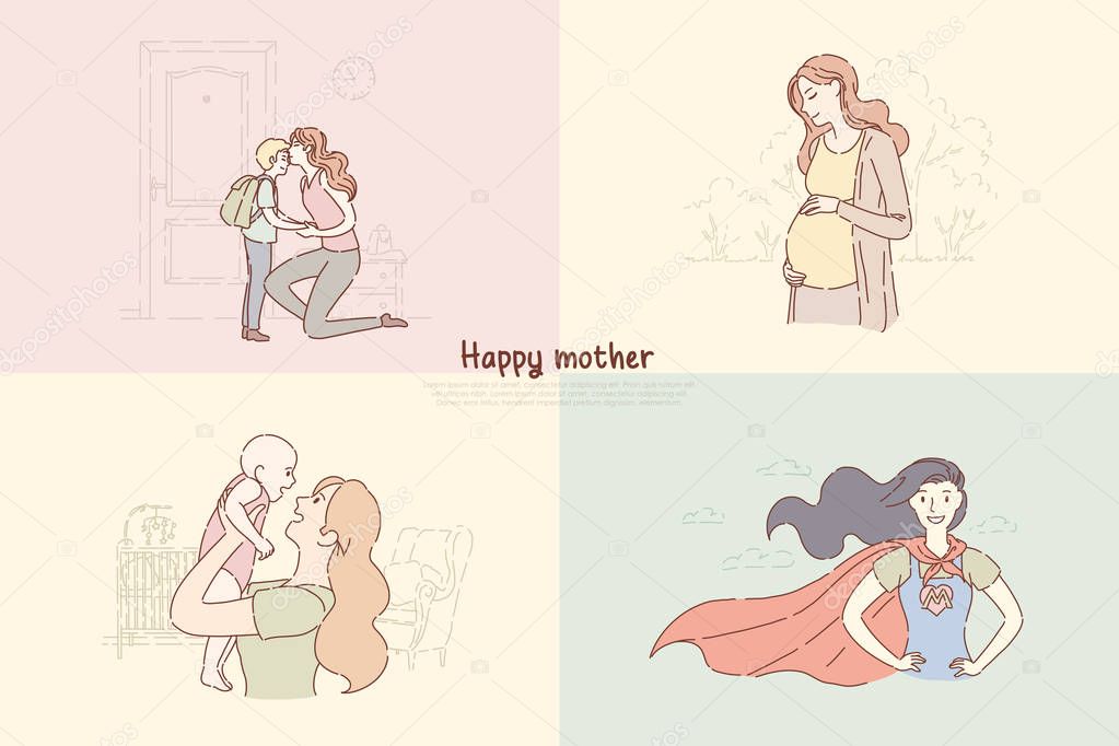 Young mothers with children, mom send son to school, woman playing with toddler, happy motherhood banner