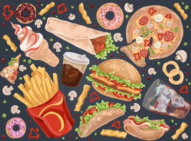Sokak yemeği, patates kızartması, pizza, hamburger, paket servis, kahve, sosisli sandviç, burrito, dondurma, hızlı öğle yemeği seti