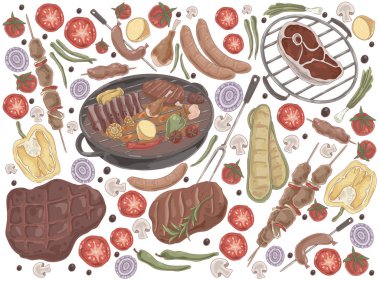 Roasted meat with vegetables, grilled steak, shashlik, chicken legs, cooked ribs, grilled sausages, tasty bbq set vector Roasted meat with vegetables, grilled steak, shashlik, chicken legs, cooked ribs, grilled sausages, tasty bbq set vector