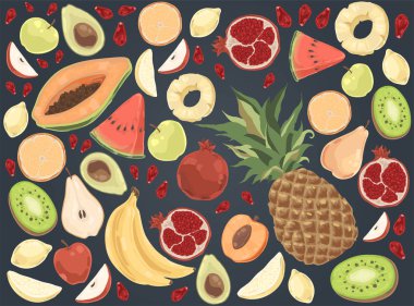 Lezzetli yaz gıda, karpuz, ananas, muz, elma, armut, mango, portakal, garnet, organik beslenme seti