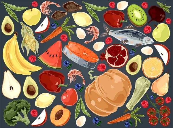 Φυσικά προϊόντα, νόστιμα λαχανικά, φρούτα και θαλασσινά, κολοκύθα, καρπούζι, ψάρι, βατόμουρο, οργανικό σετ τροφίμων — Διανυσματικό Αρχείο