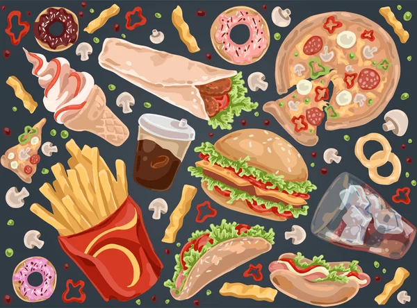 Уличная еда, картошка фри, пицца, гамбургер, закусочная, кофе, хот-дог, буррито, мороженое, набор для быстрого обеда — стоковый вектор