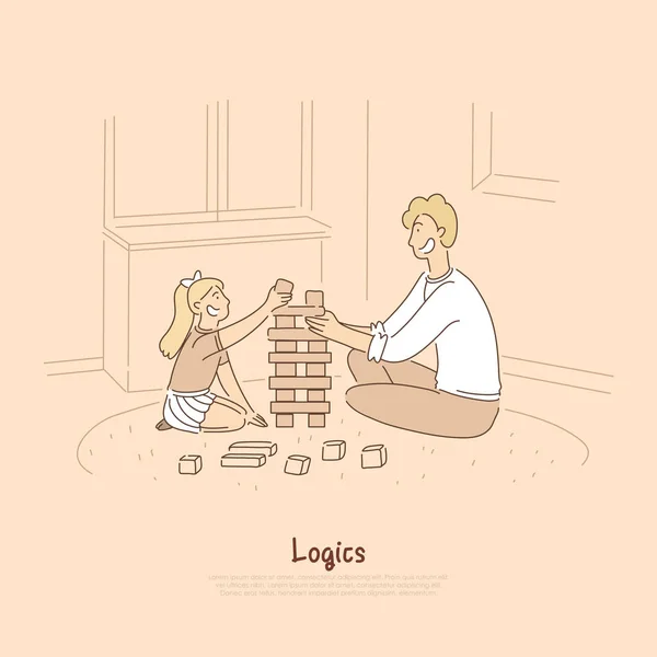 Padre jugando con el niño, papá y la hija, preescolar construcción de la torre de cubos de madera, bloques de pancarta — Vector de stock