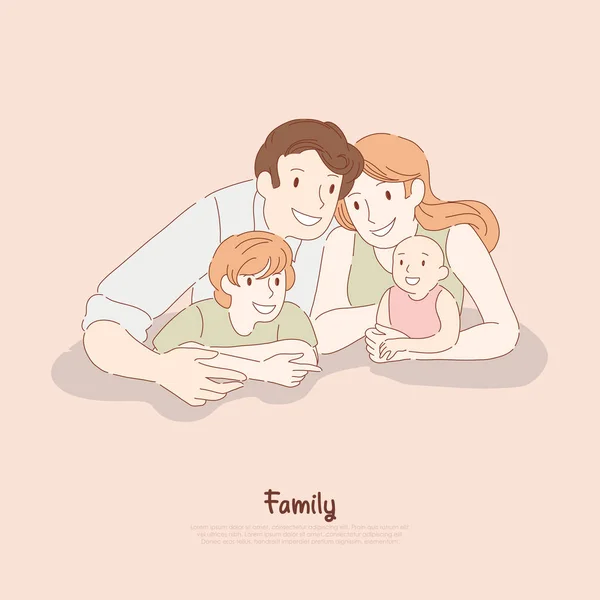 Happy par med barn, man och hustru med son och småbarn, traditionella värden, barnomsorg, familj relation banner — Stock vektor