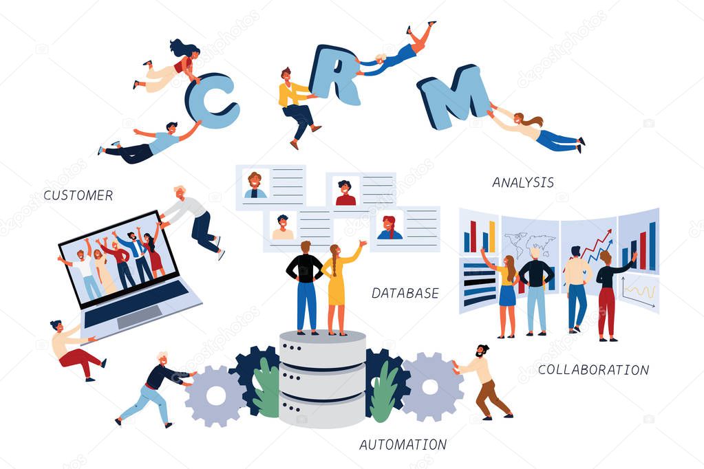 Business Concept of CMR, Customer, Analysis, Database, Collaboration, Automation and Management.