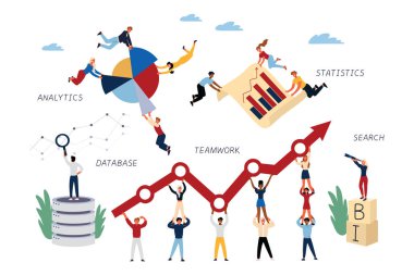 İş zekası, analitik, ekip çalışması, Istatistik, arama, veritabanı iş kavramı.