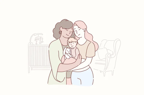 Lovely lesbian family. Two adult women and small baby standing together in the children s room at home. Wife and wife together holding infant. Gay parents with child. Homosexual couple with baby — Stock Vector