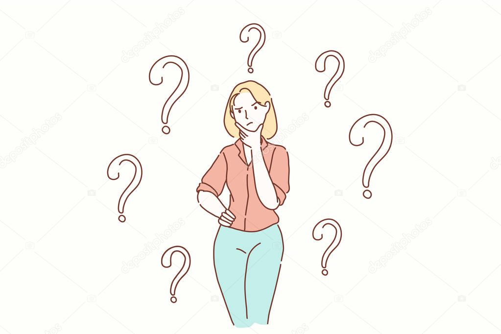 Thoughtful serious young woman with hand on chin feeling doubt isolated , millennial girl with unsure face thinking of question considering uncertain about making decision on blank background