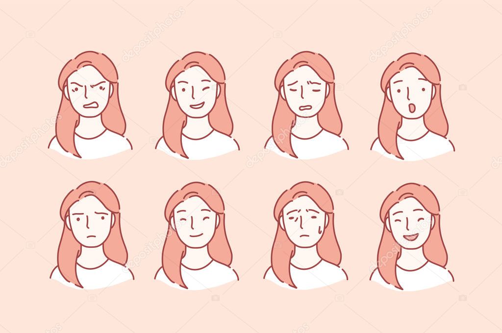 Beautiful woman with different facial expressions set. Young girl smiling, happy, kind, anger, angry, unhappy, joy, sad face character. Set of woman emotions. Facial expression. 