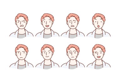 Farklı yüz ifadeleri olan yakışıklı bir adam. Genç çocuk gülümseyen, mutlu, nazik, neşeli, kızgın, sevinç, üzgün yüz vektör karakter. Erkeklerin duyguları. Yüz ifadesi.