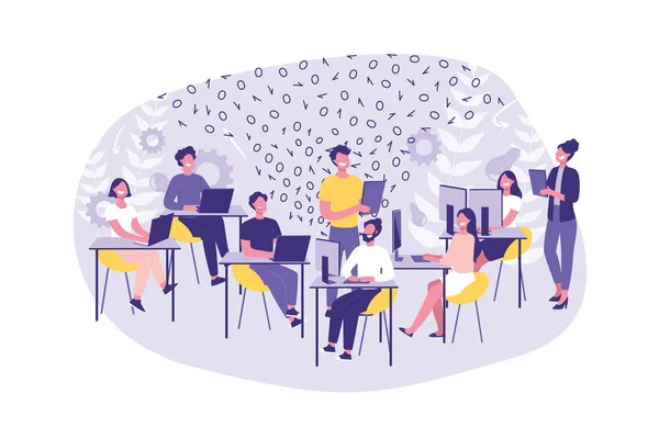 İş Kavramı Hackathon, Programlama, Modern, Yönetim. Bir grup katip veya programcı işlerini yaparlar. Ofiste Ki Ekip Çalışması Bilgisayar Korsanları ve Yöneticiler.