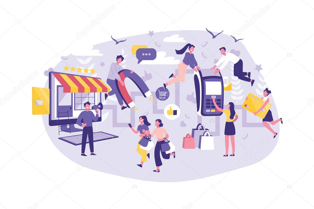 Business Concept Customer Journey, Management, Planning, Support and Advertising. Group Managers Improves the Level of Service. Teamwork of Businessmen, Clerks Office and Tourists