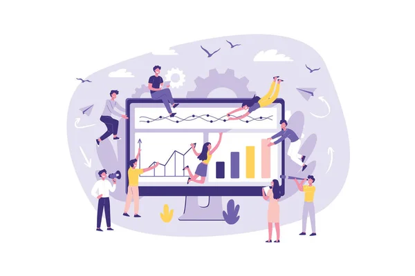 Business Concept Analysis, Creative. The monitor screen is a building site. Teamwork Office Clerks are building a business project on the Internet. Collective performance of tasks Isolated Vector — Stock Vector