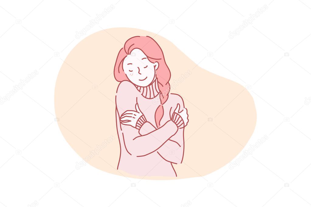 Vector illustration attractive, charming, well-groomed beautiful, beautiful, gentle, calm cheerful young girl hugging herself.