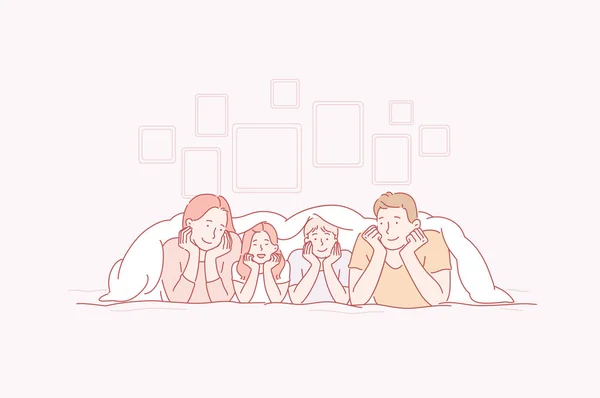 Jovem Família Feliz Mãe, Pai, Filho, Filha jazem na cama Juntos. Pais e filhos brincam com sorrisos nos rostos da casa . Ilustração De Stock