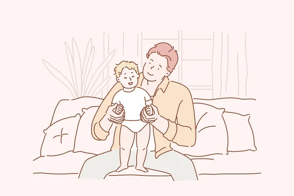 Concepto de familia, paternidad, amor. Un joven feliz sostiene a su hijo. Father con su hijita o su hijo en casa. Día del Padre — Archivo Imágenes Vectoriales