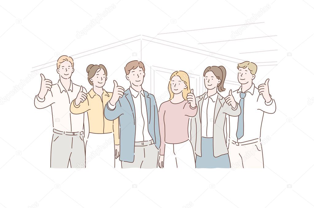 Business Concept Successful Teamwork, Group of partners. Clerks with leaders showing thumbs up looking at camera. Team of competent profisional offer the best service, work, human resources.