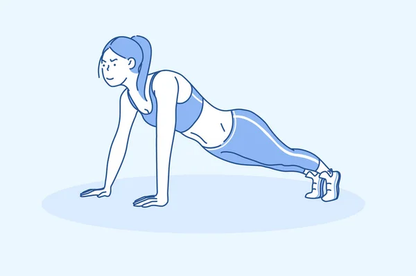Sport concept van een jonge mooie Sportvrouw doet plank. Strong Athletic Girl voert push-ups of fitnessoefeningen uit op yoga Home, gym. gezonde levensstijl, fit zijn en afvallen — Stockvector