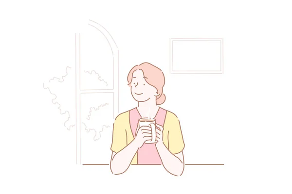 Mooi meisje drinken een kopje koffie in de keuken. — Stockvector
