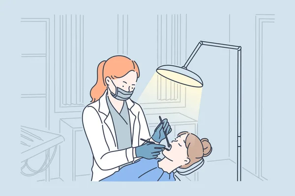 Exame dos dentes e conceito de check-up odontológico . —  Vetores de Stock