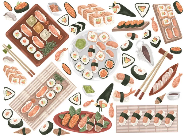 Sushi-Rollen, orientalische Küche, Meeresfrüchte-Doodle. — Stockvektor