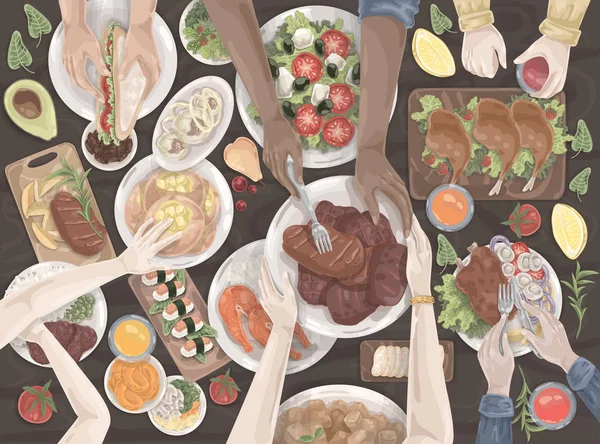 Jídlo, oběd, večeře, sváteční stolek, sada rodin — Stockový vektor