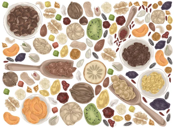 Doodle-Set mit Nüssen und Trockenfrüchten. — Stockvektor