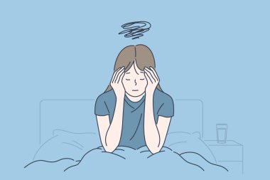 Morning migraine, chronic fatigue and nervous tension, stress or flu symptom, hard to wake up concept