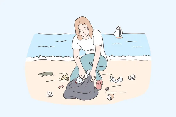 Vrouwelijke vrijwilliger schoonmaken strand, sparen planeet en natuurbescherming concept — Stockvector