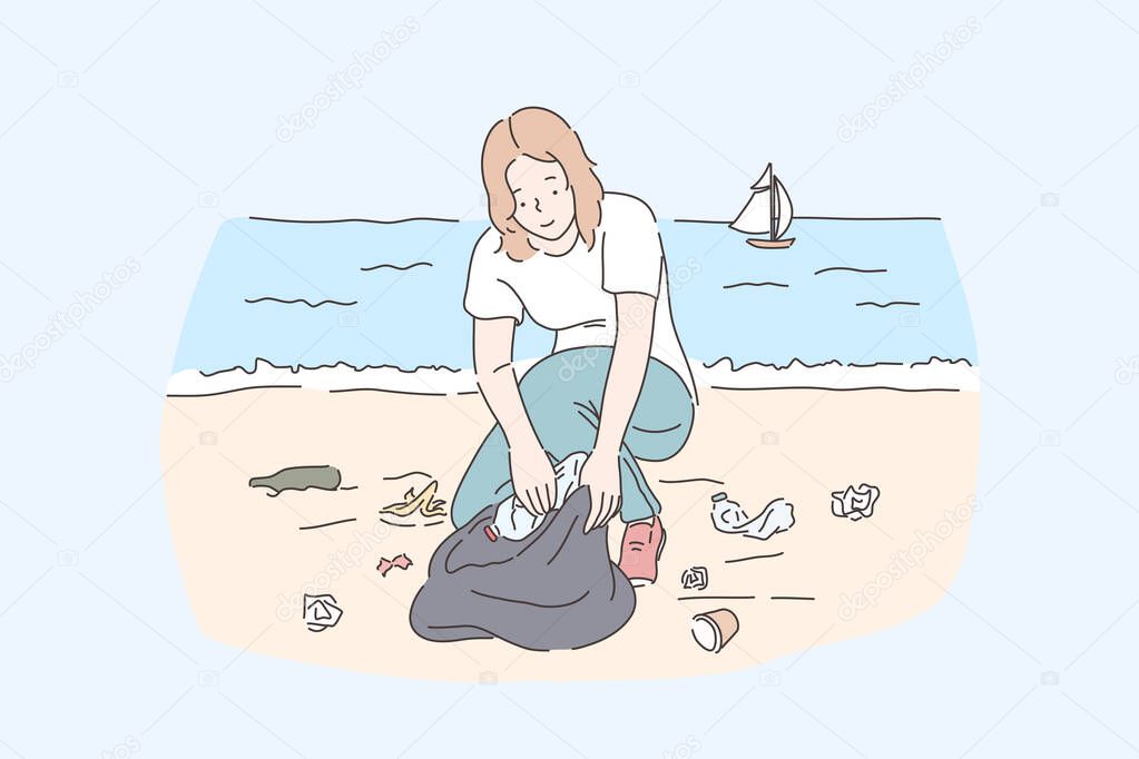 Female volunteer cleaning beach, save planet and nature protection concept