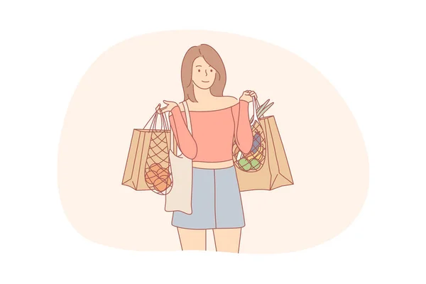 Reciclaje, compras, ecología, alimentos, cero concepto de residuos — Vector de stock