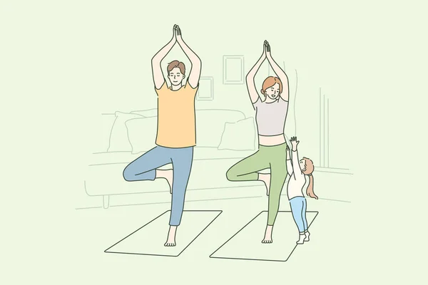 Aile, yoga, spor, eğlence, annelik, babalık, çocukluk kavramı — Stok Vektör