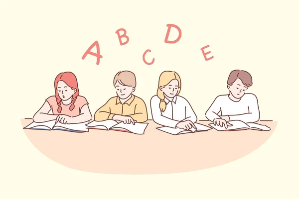 Éducation, école, lecture, enfance, concept d'amitié — Image vectorielle