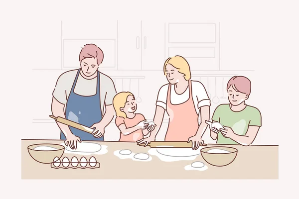 Család, kikapcsolódás, főzés, apaság, anyaság, gyermekkori koncepció — Stock Vector