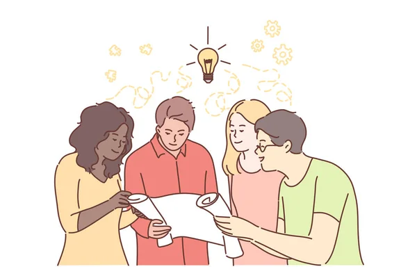 Trabajo en equipo, idea, lluvia de ideas, coworking, negocios, análisis, reuniones, concepto de discusión — Vector de stock