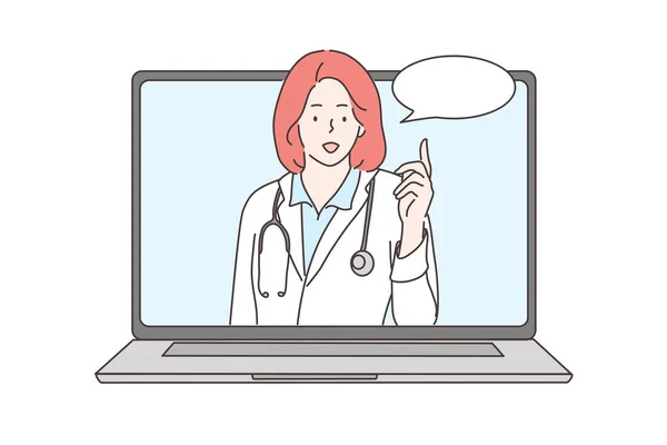 Consultation, médecine, santé, communication, en ligne, concept de conférence — Image vectorielle
