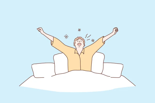Πρωί, υγεία, φροντίδα, αφύπνιση, έννοια χαλάρωσης — Διανυσματικό Αρχείο