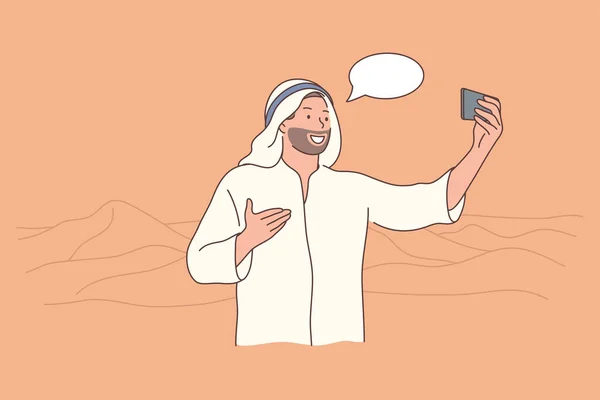 Utazás, turizmus, okostelefon, kommunikáció, arab fogalom — Stock Vector