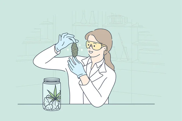 Ciencia, experimento, drogas, medicina, análisis, cannabis, concepto de marihuana — Vector de stock