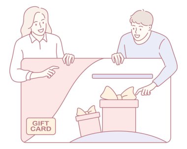 İki birey arasında neşeli ve keyifli bir hediye kartı alışverişi gerçekleşir.