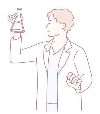 Bir illüstrasyon, laboratuvar önlüklü bir bilim adamının renkli sıvılarla deney yaptığını gösteriyor.